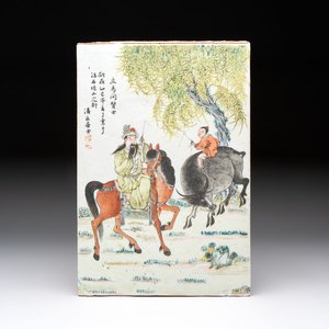 A Chinese qianjiang cai 'Li Ma Wen Xian Shi 立馬問賢士' plaque, signed Ling Yun Ju Shi 凌雲居士, dated 1929 — photo 1