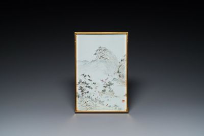 A Chinese qianjiang cai 'mountainous landscape' plaque, 19th C.