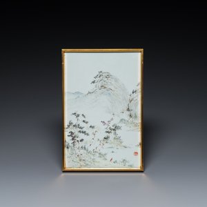 A Chinese qianjiang cai 'mountainous landscape' plaque, 19th C. — photo 1
