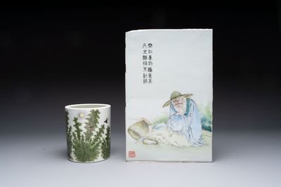 A Chinese qianjiang cai plaque and a brush pot, signed Deng Bizhao 鄧必昭 and Xu Zhongnan 徐仲南, dated 1941