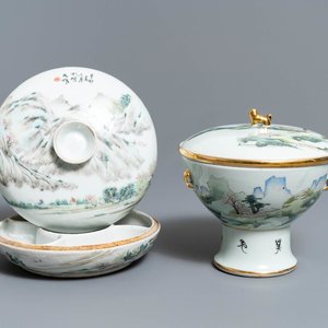A Chinese qianjiang cai spice box and a warming bowl on foot, 19/20th C. — photo 1