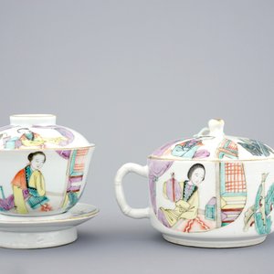 A Chinese qianjiang cai teapot and six matching covered cups on stands, 19/20th C. — photo 2