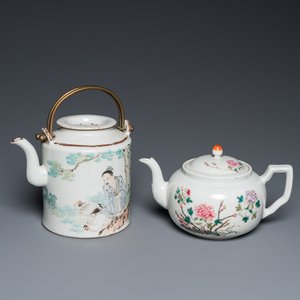 A Chinese qianjiang cai teapot signed Lin Jinshan 林謹善 and dated 1887 and a famille rose teapot, Guangxu mark and of the period — 照片 1