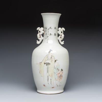 A Chinese qianjiang cai vase with figures and a bird among flowering branches, signed Ren Huanzhang 任煥章, Guxi 古希 seal mark, dated 1878