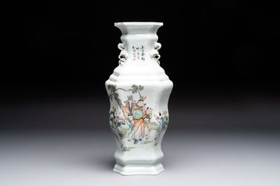 A Chinese qianjiang cai 'Wu Zi Deng Ke 五子登科' hexagonal vase, sigend Xian Cha 仙槎, dated 1915