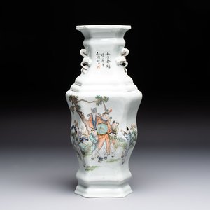 A Chinese qianjiang cai 'Wu Zi Deng Ke 五子登科' hexagonal vase, sigend Xian Cha 仙槎, dated 1915 — photo 1