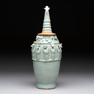 A Chinese qingbai-glazed covered urn applied with zodiac figures, Song — photo 1