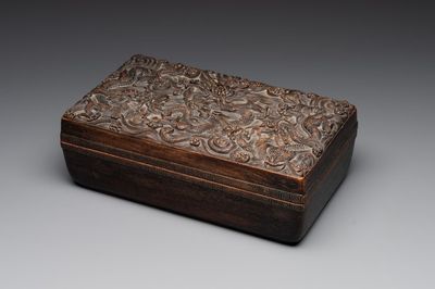 A Chinese rectangular silver-inlaid zitan wood 'dragon' box and cover, 17/18th C.