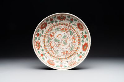 A Chinese red-and-green-enamelled 'chrysanthemum scroll' dish, Ming