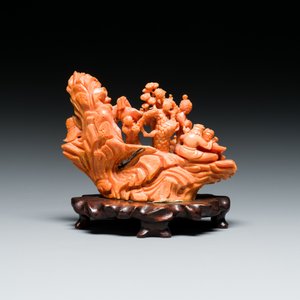 A Chinese red coral 'Eight Immortals' group on wooden stand, 19/20th C. — photo 3