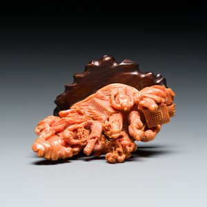 A Chinese red coral 'Eight Immortals' group on wooden stand, 19/20th C. — photo 5