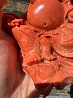 A Chinese red coral figure of a laughing Buddha on wooden stand, 19/20th C. — 照片 13