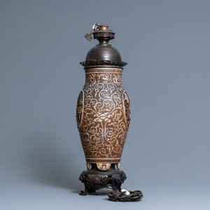 A Chinese reticulated biscuit 'Buddhist lions' vase mounted as a lamp, 19th C. — photo 4