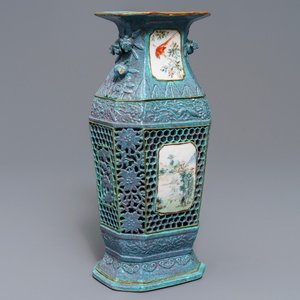 A Chinese reticulated robin's egg-ground qianjiang cai vase, 19th C. — photo 1