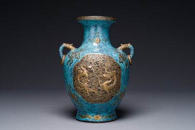 A Chinese robin's egg and faux bronze-glazed 'hu' vase, Qianlong mark, 19th C.
