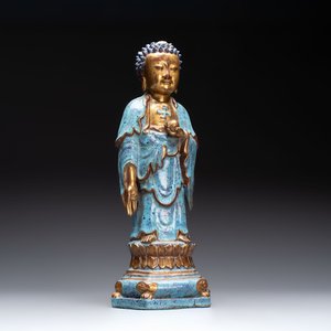 A Chinese robin's egg-glazed gilt-decorated standing Buddha, 18th C. — 照片 1