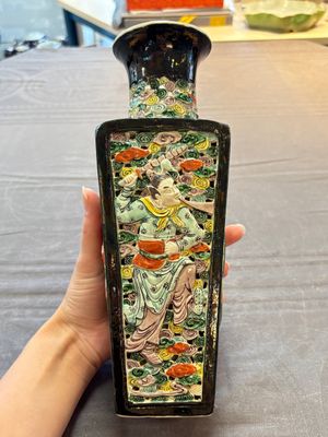 A Chinese robin's egg-glazed vase with relief floral design and a famille noire 'Four Heavenly Kings' vase, 19th C. — photo 1