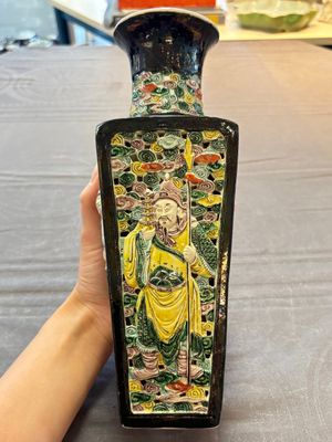 A Chinese robin's egg-glazed vase with relief floral design and a famille noire 'Four Heavenly Kings' vase, 19th C. — photo 2