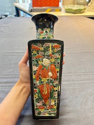 A Chinese robin's egg-glazed vase with relief floral design and a famille noire 'Four Heavenly Kings' vase, 19th C. — photo 4