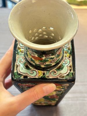 A Chinese robin's egg-glazed vase with relief floral design and a famille noire 'Four Heavenly Kings' vase, 19th C. — photo 6