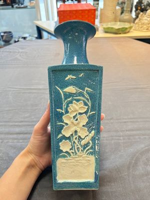 A Chinese robin's egg-glazed vase with relief floral design and a famille noire 'Four Heavenly Kings' vase, 19th C. — photo 8