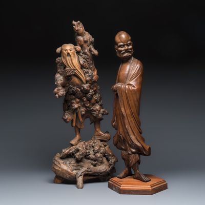 A Chinese rootwood sculpture of an immortal and a boxwood sculpture of Bodhidharma, 19/20th C.
