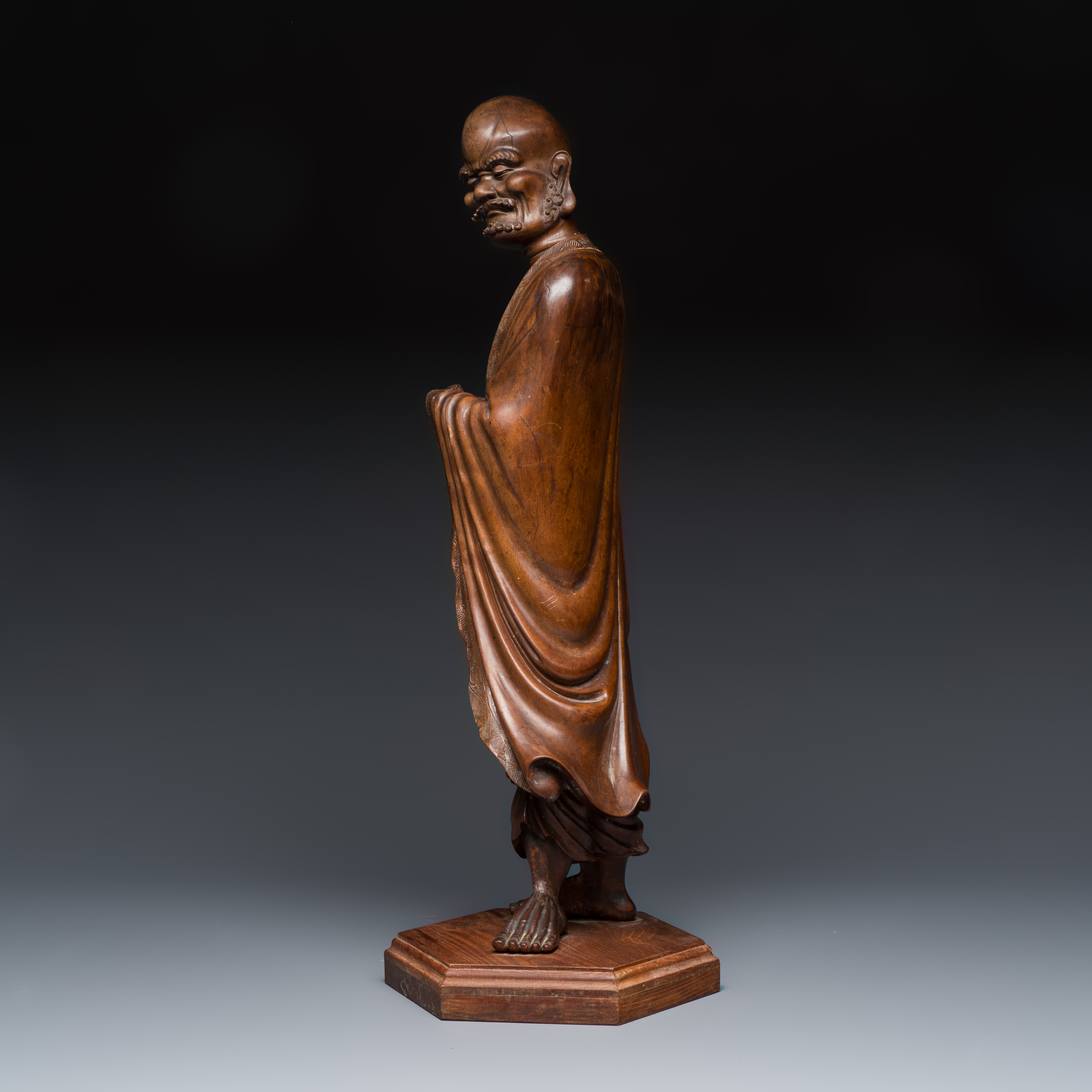 A Chinese rootwood sculpture of an immortal and a boxwood sculpture of Bodhidharma — photo 4