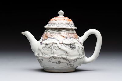 A Chinese rose-grisaille molded teapot with floral design, Yongzheng/Qianlong