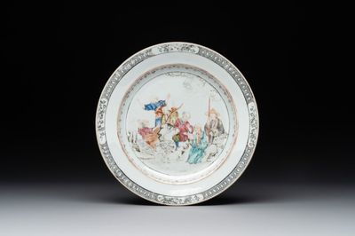 A Chinese rose-grisaille plate with Luohan, a dragon and a tiger, Yongzheng/Qianlong