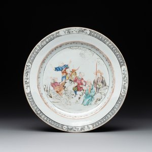 A Chinese rose-grisaille plate with Luohan, a dragon and a tiger, Yongzheng/Qianlong — photo 1