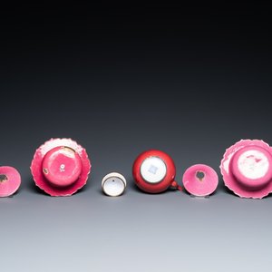 A Chinese ruby-ground Canton enamel teapot and a pair of covered bowls, Qianlong/Jiaqing — photo 8