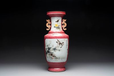 A Chinese ruby-ground famille rose vase, signed Deng Xiaoyu 鄧肖禹, 20th C.