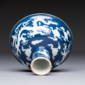 A Chinese sacrificial-blue-ground stem bowl with incised dragon design, Xuande mark, Republic — photo 6