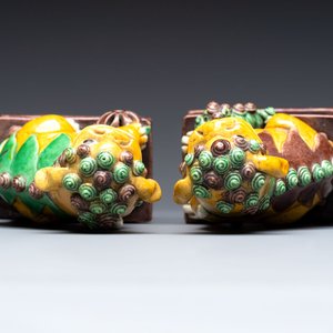 A Chinese sancai-glazed parrot, a pair of Buddhist lions and a 'Shou 壽' ewer, 19/20th C. — photo 6