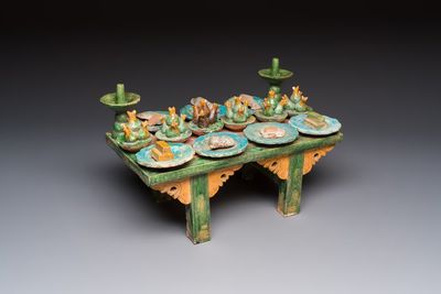 A Chinese sancai-glazed pottery model of an offering table, Ming — photo 1