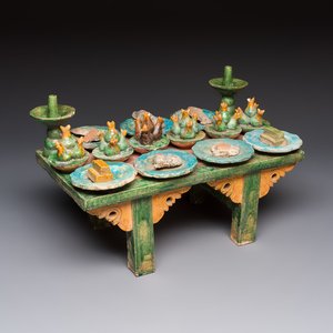 A Chinese sancai-glazed pottery model of an offering table, Ming — photo 1
