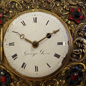 A Chinese semi-precious stone embellished gilt-bronze wall clock, Canton workshop and George Prior of London for the Chinese market, Qianlong — photo 25
