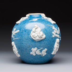 A Chinese sgraffiato blue-ground 'Luohan' vase with relief design, 19th C. — photo 2