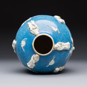 A Chinese sgraffiato blue-ground 'Luohan' vase with relief design, 19th C. — photo 6