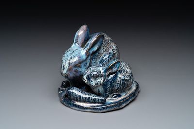 A Chinese Shiwan flambé 'Rabbits' group, Cao Wenxuan 曹文選 and Jing De Zhen Zhi 景德鎮制 seal marks, 1st half 20th C.