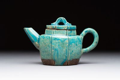 A Chinese Shiwan turquoise-glazed octagonal teapot and cover, seal mark, 18th C.