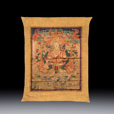 A Chinese silk and gold-thread embroidered 'White Tara' thangka, 19/20th C.