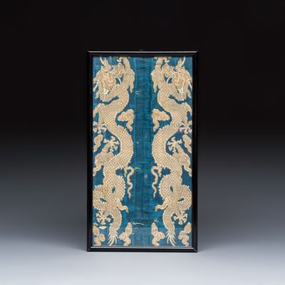 A Chinese silk brocade blue-ground 'Dragons' panel, 19th C.
