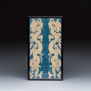 A Chinese silk brocade blue-ground 'Dragons' panel — photo 1
