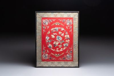 A Chinese silk embroidered felt panel with bats and flowers, 19th C.