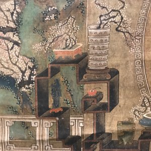 A Chinese silk scroll painting of a garden scene, signed, 18/19th C. — 照片 23