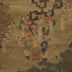 A Chinese silk scroll painting of a garden scene, signed, 18/19th C. — 照片 4