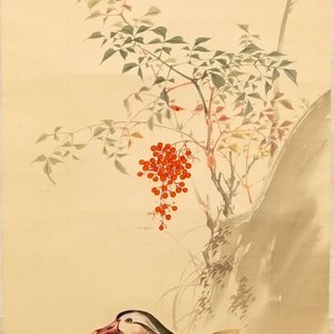 A Chinese silk scroll painting of a mandarin duck, signed, 19/20th C. — photo 1