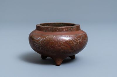 A Chinese silver- and copper-inlaid bronze censer, Xuande mark, 18/19th C.