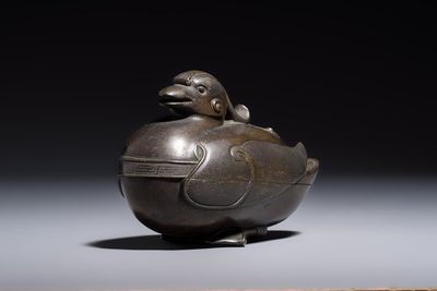 A Chinese silver-inlaid bronze 'Mandarin Duck' censer and cover, Ming